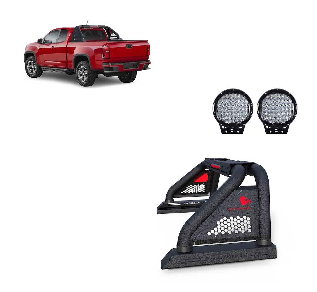 RB07MT-PL69B – BLACK HORSE Truck Bed Bar, 4 Inch Diameter Tube Style With 1 Set of 9 Inch Round Black Trim LED Lights...